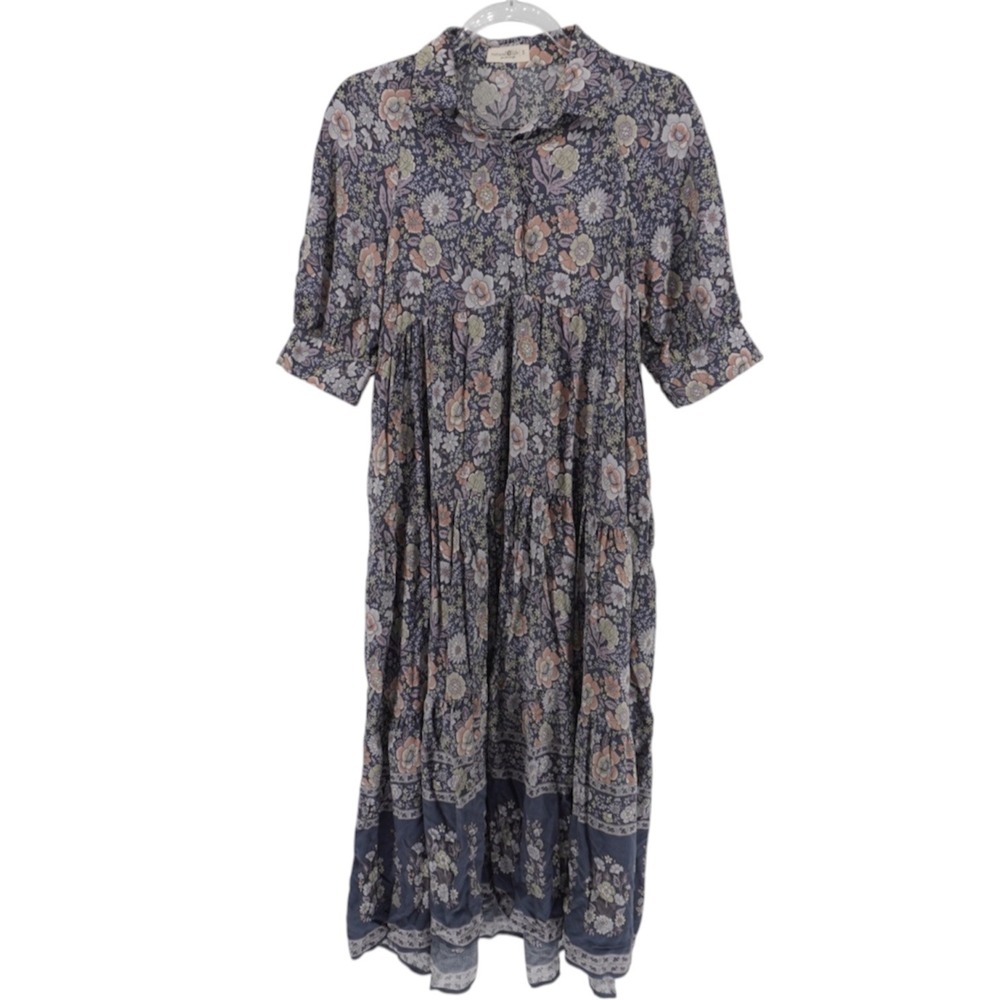 Natural Life Floral Tiered Midi Dress Blue Pink Rayon Button Front Small